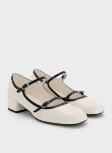 White Patent Contrast-Trim Double-Strap Mary Jane Pumps _ CHARLES & KEITH UK